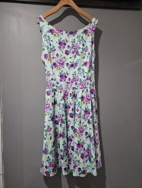 Lady Vintage Mint Purple Floral Fit Flare Swing Dress UK18/US14 Retro Rockabilly